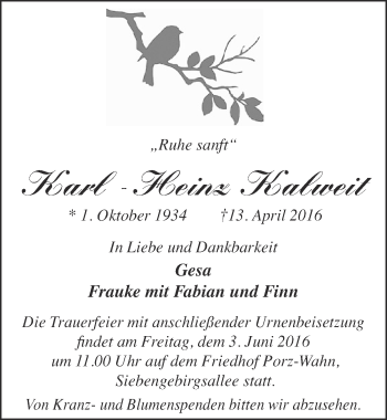 Anzeige von Karl-Heinz Kalweit von  Kölner Wochenspiegel 