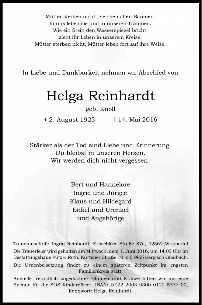 Traueranzeige für Helga Reinhardt vom 21.05.2016 aus Kölner Stadt-Anzeiger / Kölnische Rundschau / Express