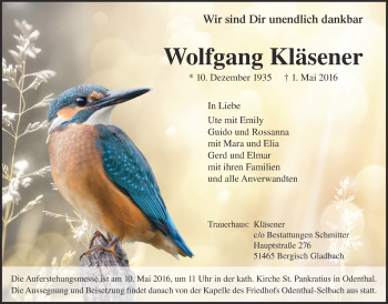 Anzeige von Wolfgang Kläsener von  Bergisches Sonntagsblatt 