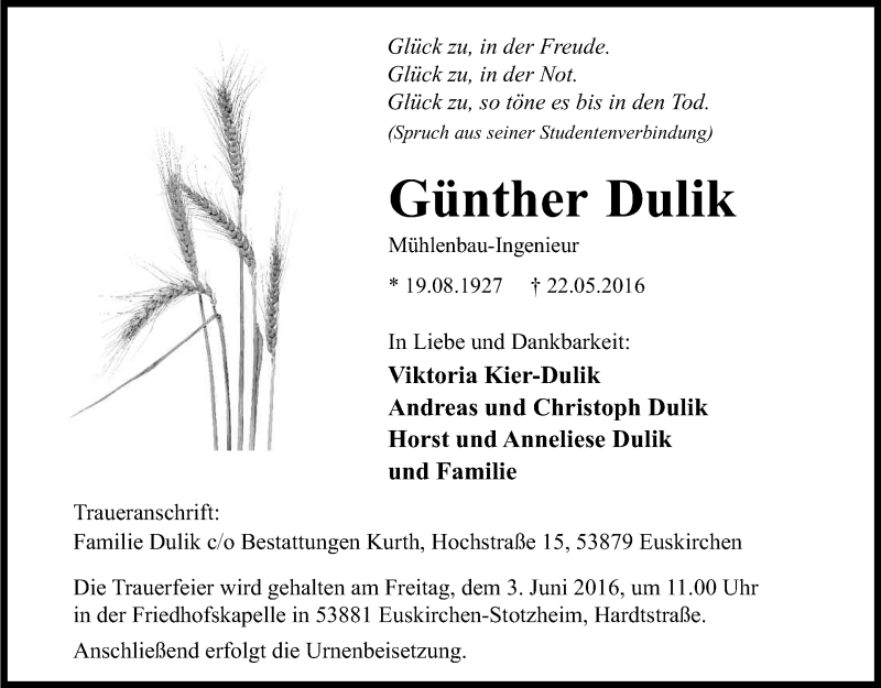  Traueranzeige für Günther Dulik vom 28.05.2016 aus Kölner Stadt-Anzeiger / Kölnische Rundschau / Express