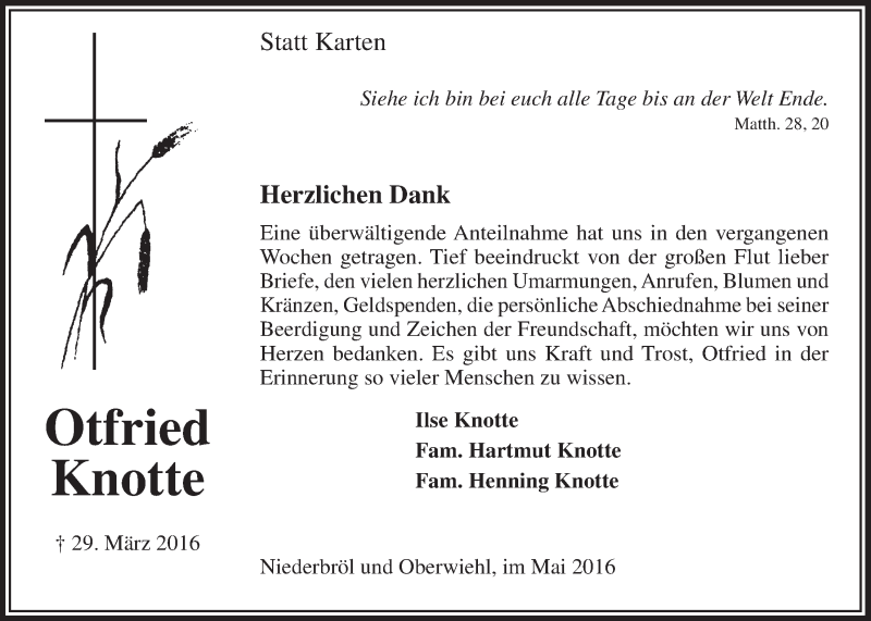  Traueranzeige für Otfried Knotte vom 18.05.2016 aus  Anzeigen Echo  Lokalanzeiger 