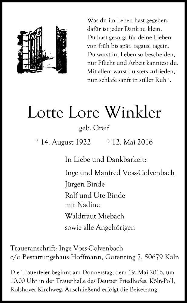  Traueranzeige für Lotte Lore Winkler vom 14.05.2016 aus Kölner Stadt-Anzeiger / Kölnische Rundschau / Express
