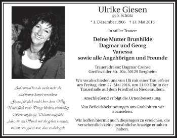 Anzeige von Ulrike Giesen von  Sonntags-Post 