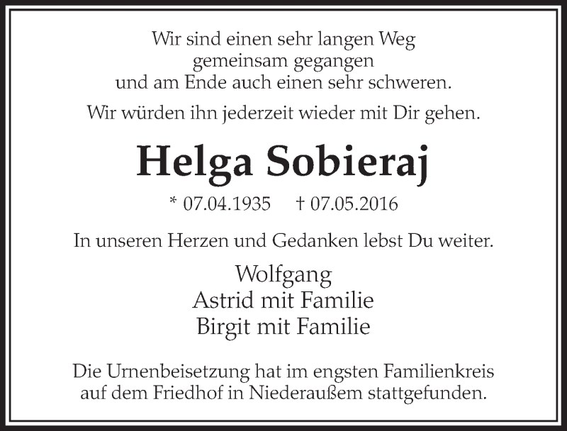  Traueranzeige für Helga Sobieraj vom 28.05.2016 aus  Sonntags-Post 