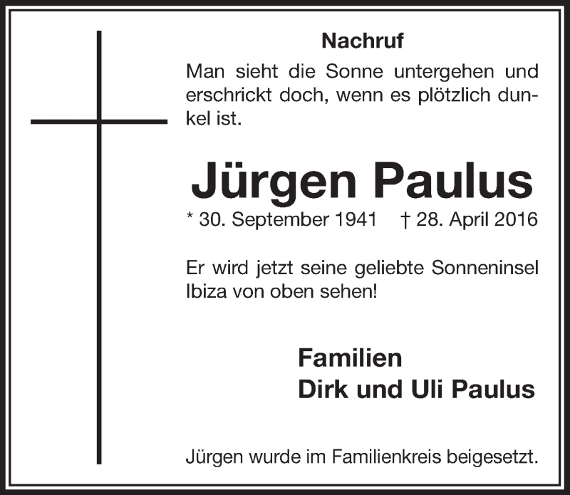  Traueranzeige für Jürgen Paulus vom 25.05.2016 aus  Lokalanzeiger 