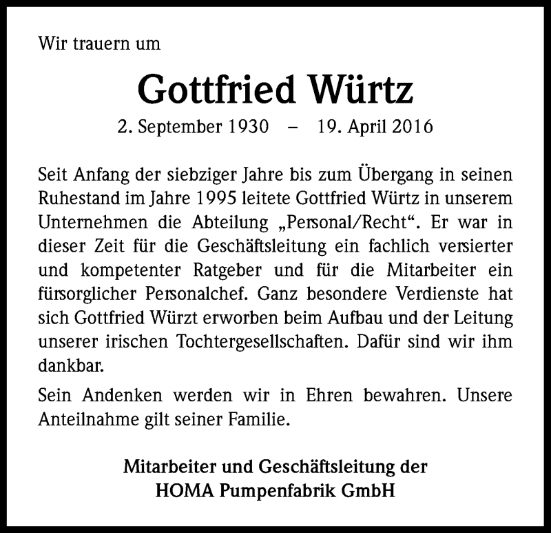 Traueranzeige für Gottfried Würtz vom 30.04.2016 aus Kölner Stadt-Anzeiger / Kölnische Rundschau / Express