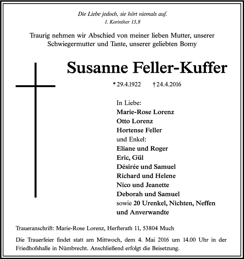  Traueranzeige für Susanne Feller-Kuffer vom 30.04.2016 aus Kölner Stadt-Anzeiger / Kölnische Rundschau / Express