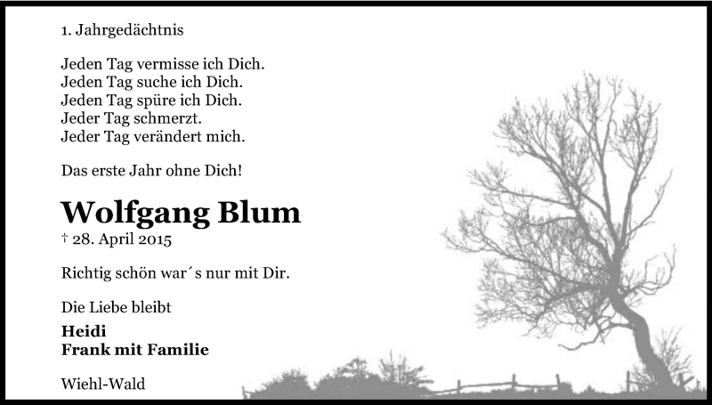  Traueranzeige für Wolfgang Blum vom 28.04.2016 aus Kölner Stadt-Anzeiger / Kölnische Rundschau / Express