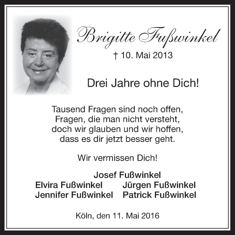  Traueranzeige für Brigitte Fußwinkel vom 11.05.2016 aus  Kölner Wochenspiegel 