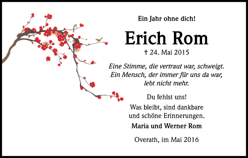  Traueranzeige für Erich Rom vom 24.05.2016 aus Kölner Stadt-Anzeiger / Kölnische Rundschau / Express
