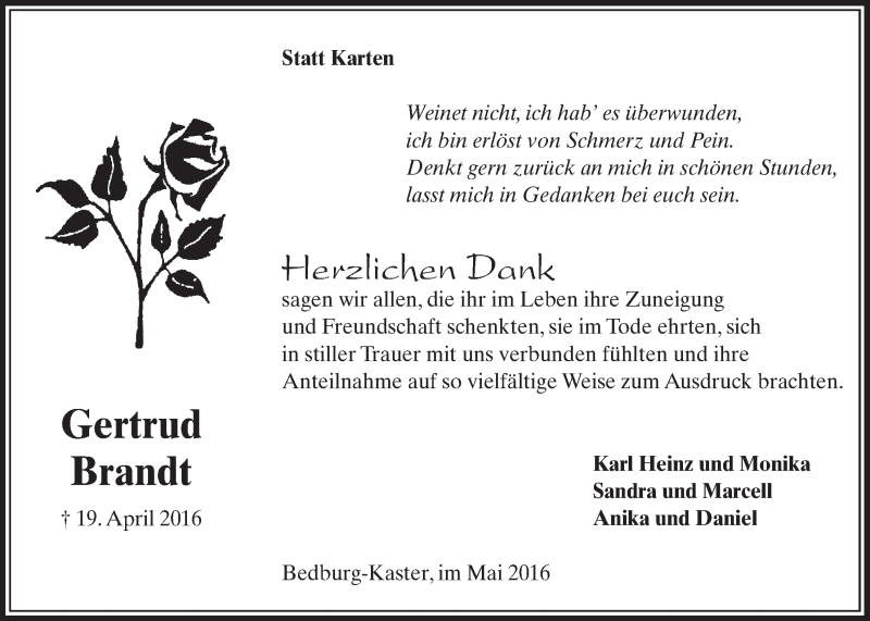  Traueranzeige für Gertrud Brandt vom 28.05.2016 aus  Sonntags-Post 