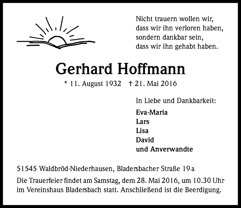  Traueranzeige für Gerhard Hoffmann vom 25.05.2016 aus Kölner Stadt-Anzeiger / Kölnische Rundschau / Express