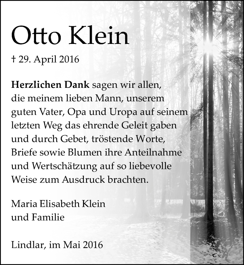  Traueranzeige für Otto Klein vom 25.05.2016 aus  Anzeigen Echo 