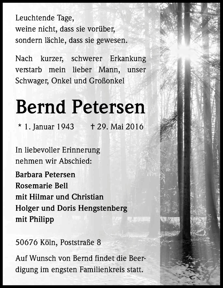  Traueranzeige für Bernd Petersen vom 01.06.2016 aus Kölner Stadt-Anzeiger / Kölnische Rundschau / Express
