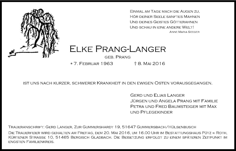  Traueranzeige für Elke Prang-Langer vom 14.05.2016 aus Kölner Stadt-Anzeiger / Kölnische Rundschau / Express