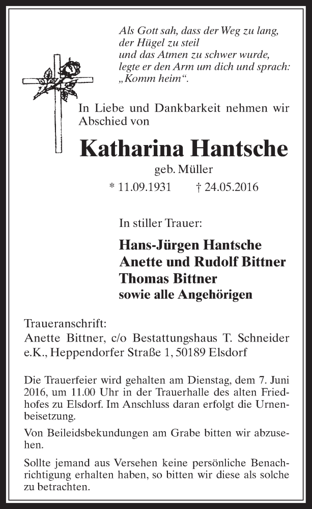  Traueranzeige für Katharina Hantsche vom 01.06.2016 aus  Werbepost 