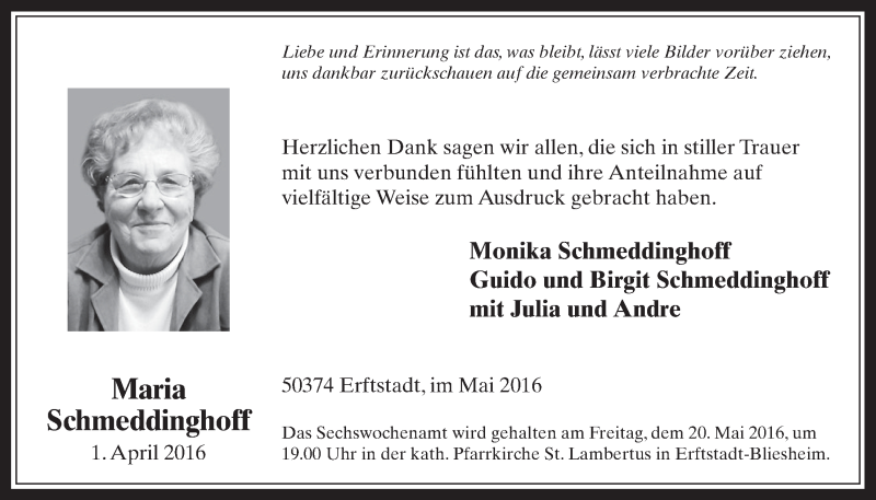  Traueranzeige für Maria Schmeddinghoff vom 18.05.2016 aus  Werbepost 