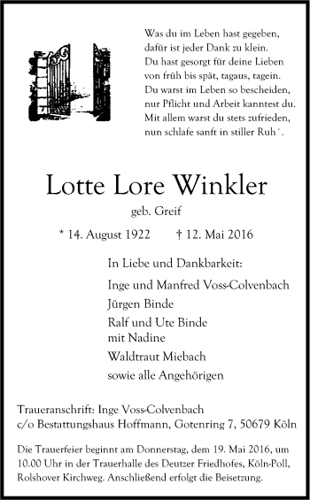 Anzeige von Lotte Lore Winkler von Kölner Stadt-Anzeiger / Kölnische Rundschau / Express