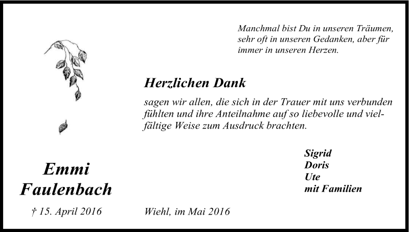  Traueranzeige für Emmi Faulenbach vom 21.05.2016 aus Kölner Stadt-Anzeiger / Kölnische Rundschau / Express