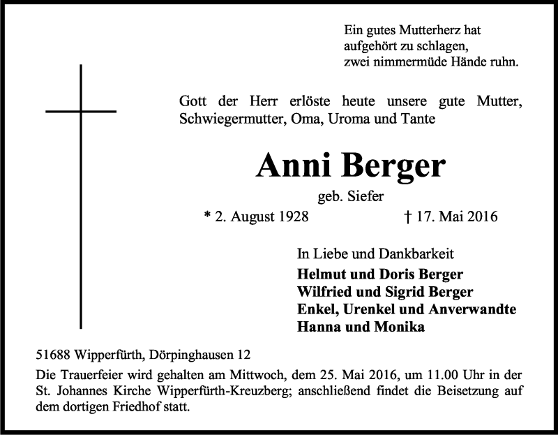  Traueranzeige für Anni Berger vom 20.05.2016 aus Kölner Stadt-Anzeiger / Kölnische Rundschau / Express