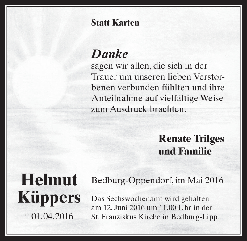  Traueranzeige für Helmut Küppers vom 25.05.2016 aus  Werbepost 