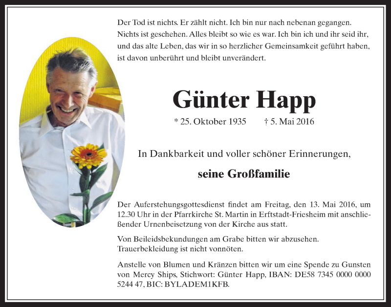  Traueranzeige für Günter Happ vom 11.05.2016 aus  Werbepost 