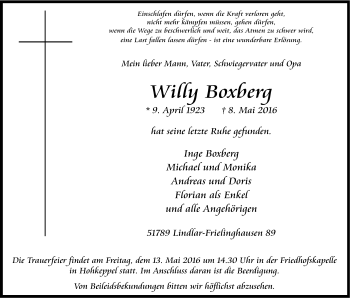 Anzeige von Willy Boxberg von Kölner Stadt-Anzeiger / Kölnische Rundschau / Express