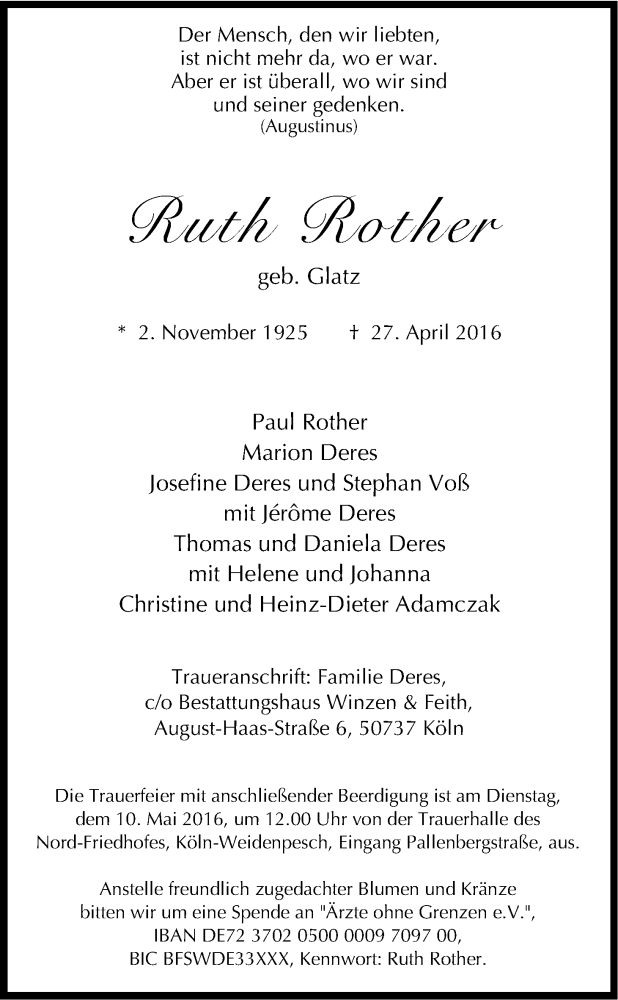  Traueranzeige für Ruth Rother vom 04.05.2016 aus Kölner Stadt-Anzeiger / Kölnische Rundschau / Express