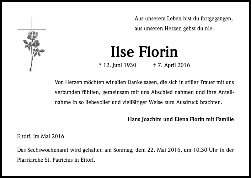  Traueranzeige für Ilse Florin vom 07.05.2016 aus Kölner Stadt-Anzeiger / Kölnische Rundschau / Express