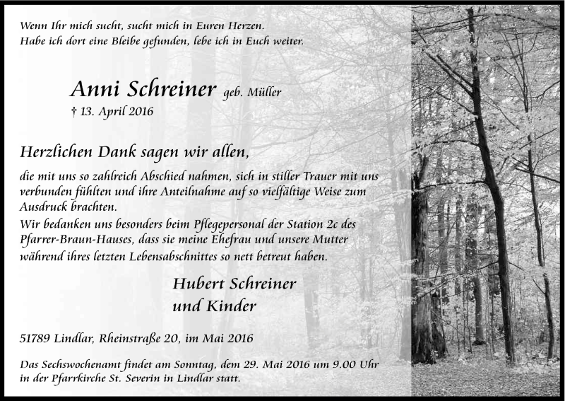  Traueranzeige für Anni Schreiner vom 21.05.2016 aus Kölner Stadt-Anzeiger / Kölnische Rundschau / Express