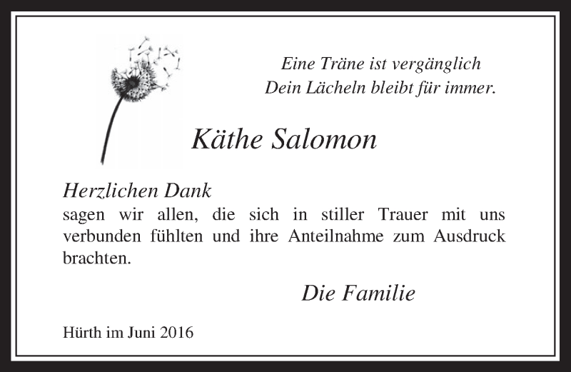  Traueranzeige für Käthe Salomon vom 01.06.2016 aus  Wochenende 