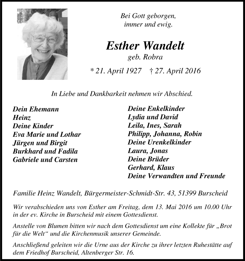  Traueranzeige für Esther Wandelt vom 04.05.2016 aus Kölner Stadt-Anzeiger / Kölnische Rundschau / Express