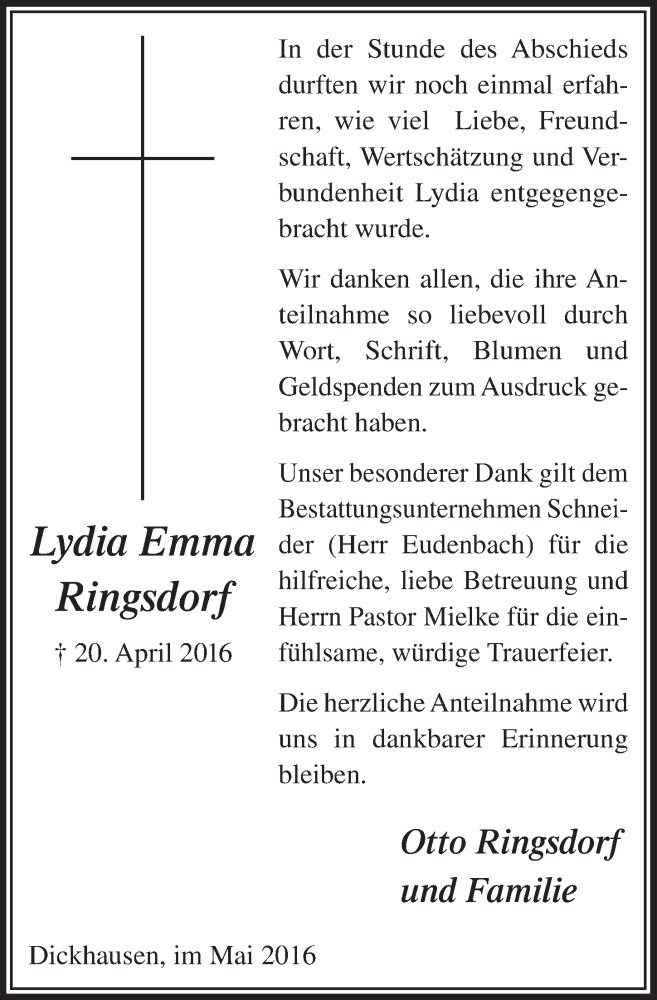  Traueranzeige für Lydia Emma Ringsdorf vom 25.05.2016 aus  Lokalanzeiger 