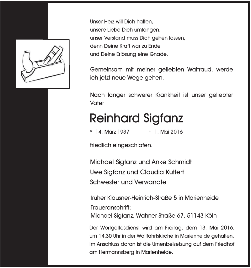  Traueranzeige für Reinhard Sigfanz vom 11.05.2016 aus  Anzeigen Echo 