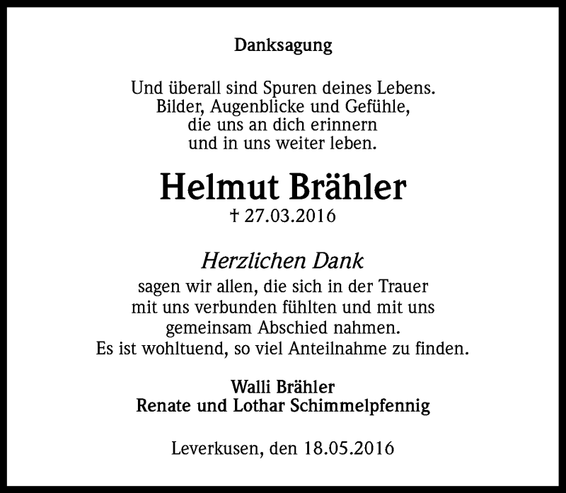  Traueranzeige für Helmut Brähler vom 18.05.2016 aus Kölner Stadt-Anzeiger / Kölnische Rundschau / Express