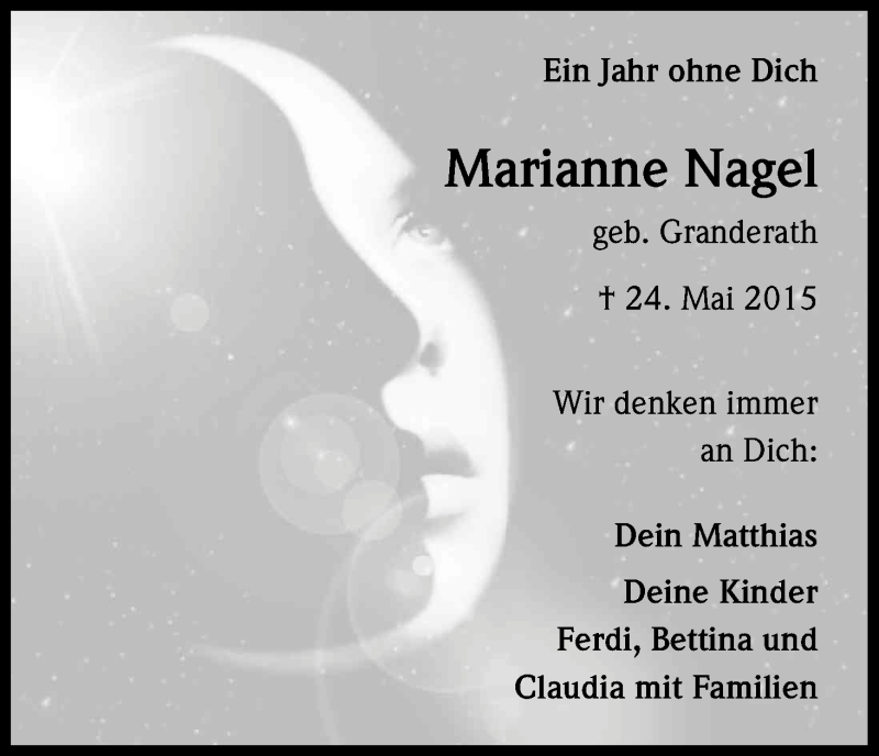 Traueranzeige für Marianne Nagel vom 24.05.2016 aus Kölner Stadt-Anzeiger / Kölnische Rundschau / Express