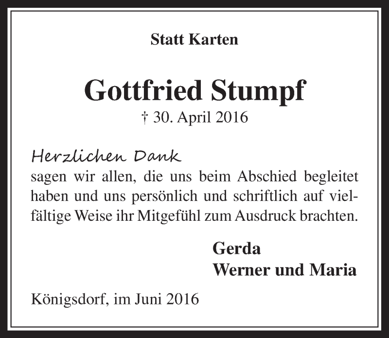  Traueranzeige für Gottfried Stumpf vom 01.06.2016 aus  Wochenende 