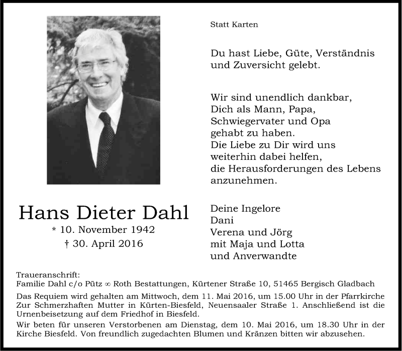  Traueranzeige für Hans Dieter Dahl vom 05.05.2016 aus Kölner Stadt-Anzeiger / Kölnische Rundschau / Express