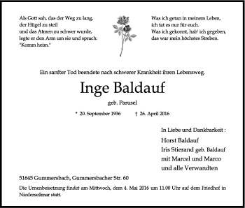 Anzeige von Inge Baldauf von Kölner Stadt-Anzeiger / Kölnische Rundschau / Express
