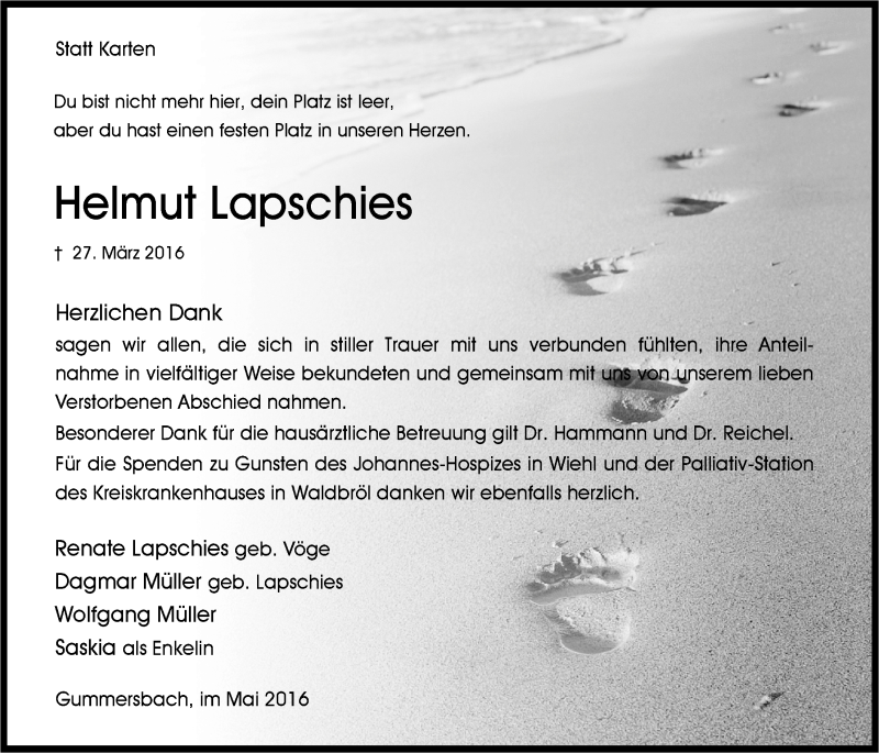  Traueranzeige für Helmut Lapschies vom 25.05.2016 aus  Anzeigen Echo 