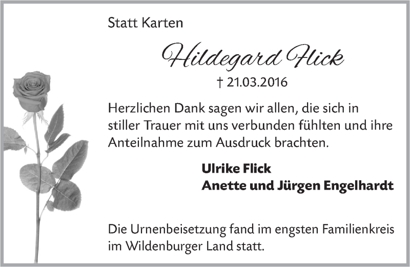  Traueranzeige für Hildegard Flick vom 25.05.2016 aus  Anzeigen Echo 