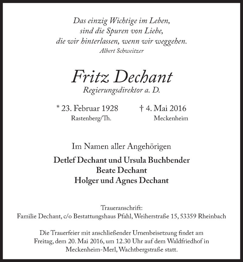  Traueranzeige für Fritz Dechant vom 11.05.2016 aus  Schaufenster/Blickpunkt 