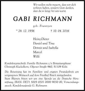 Anzeige von Gabi Richmann von Kölner Stadt-Anzeiger / Kölnische Rundschau / Express