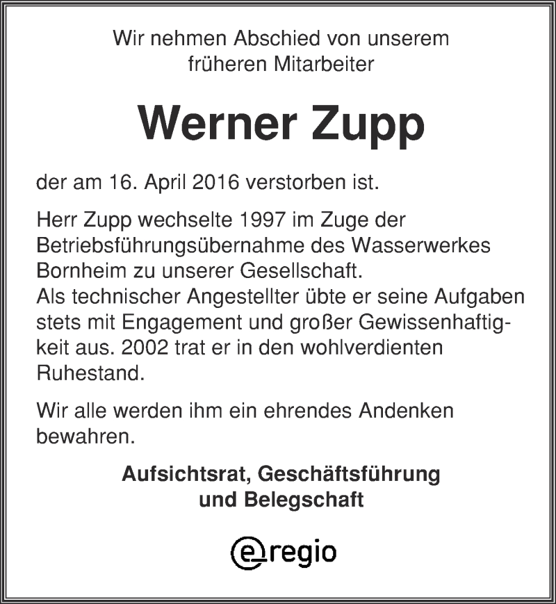  Traueranzeige für Werner Zupp vom 04.05.2016 aus  Schaufenster/Blickpunkt  Extra Blatt 