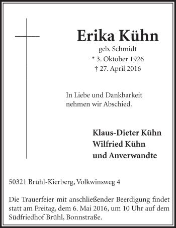 Anzeige von Erika Kühn von  Schlossbote/Werbekurier 