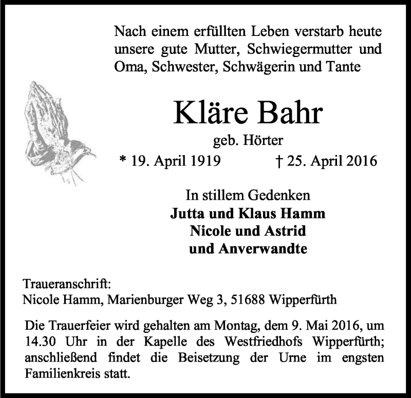  Traueranzeige für Kläre Bahr vom 30.04.2016 aus Kölner Stadt-Anzeiger / Kölnische Rundschau / Express
