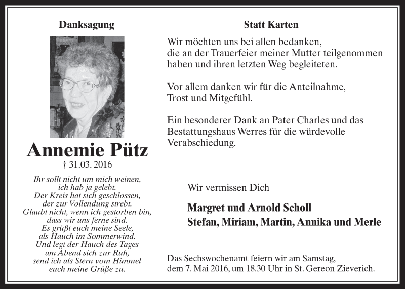  Traueranzeige für Annemie Pütz vom 04.05.2016 aus  Werbepost 