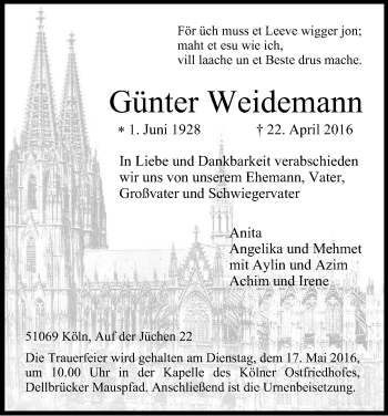 Anzeige von Günter Weidemann von Kölner Stadt-Anzeiger / Kölnische Rundschau / Express