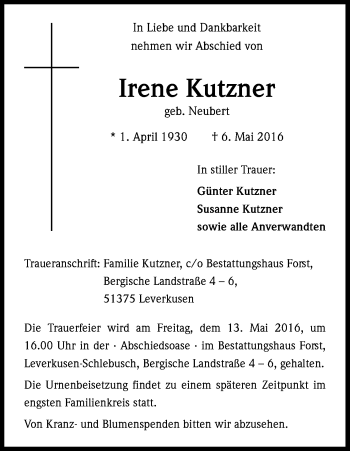 Anzeige von Irene Kutzner von Kölner Stadt-Anzeiger / Kölnische Rundschau / Express