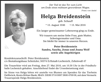 Anzeige von Helga Breidenstein von Kölner Stadt-Anzeiger / Kölnische Rundschau / Express
